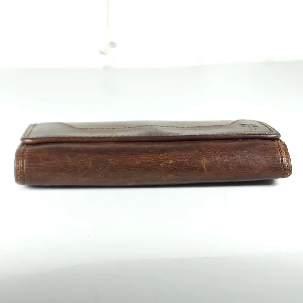 Frye Melissa Continental Cognac Brown Distressed Leather Snap Trifold Wallet - Picture 9 of 13